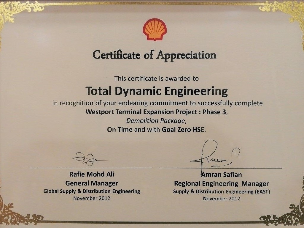 Ceritificate of Appreciation- Westport Terminal Expansion Project: Phase 3