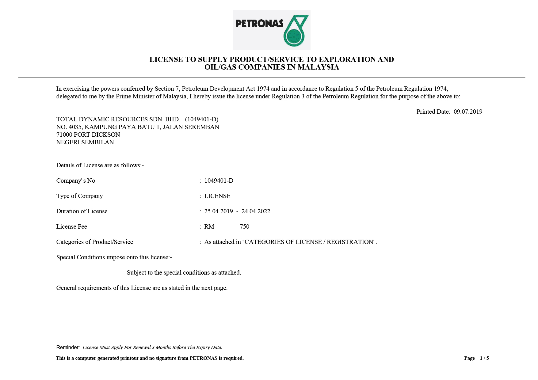 Petronas Licence: Page 1